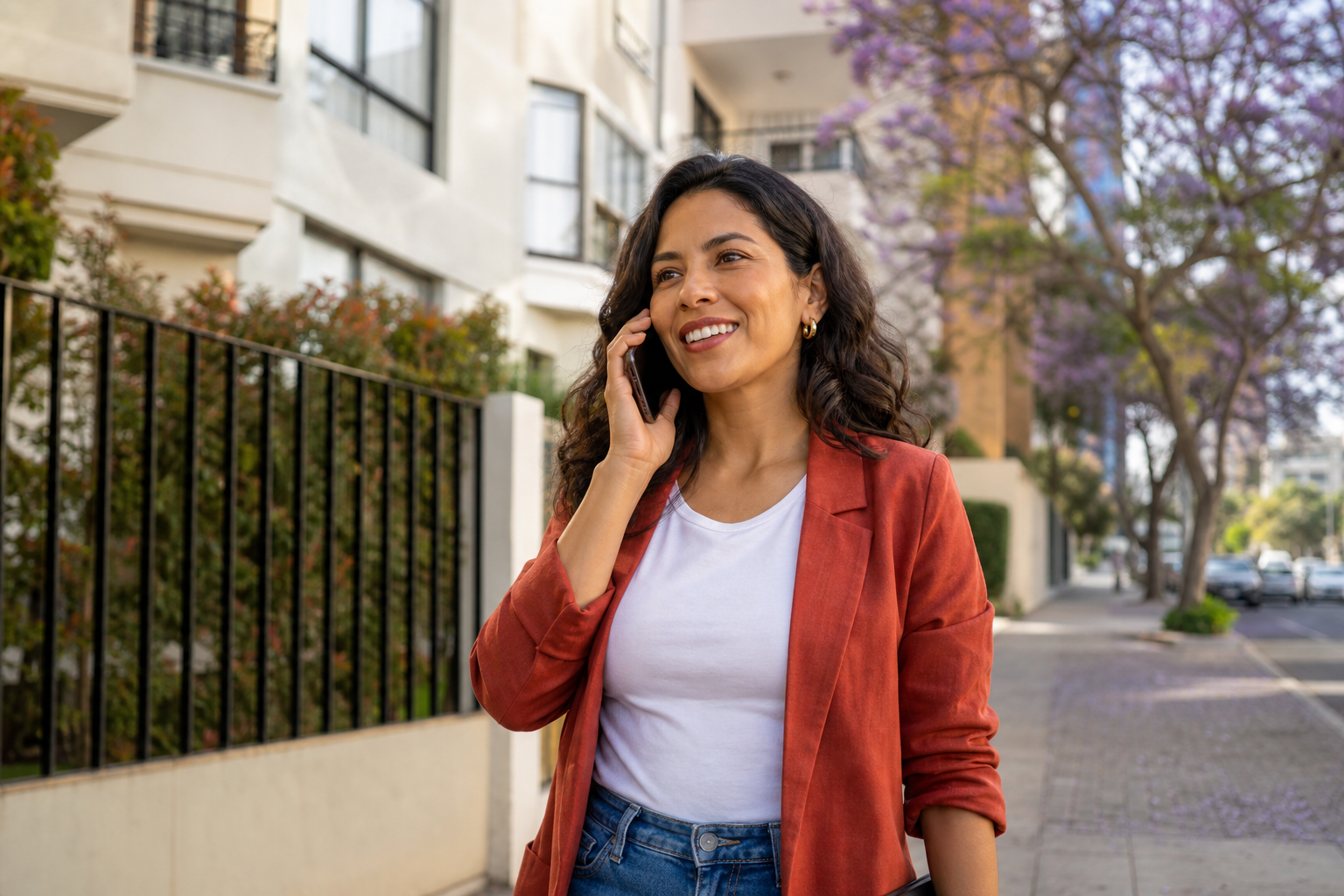 Agent on a sidewalk, phone in hand