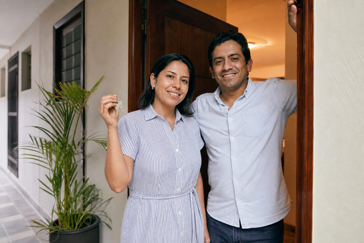 Owners at their front door, keys in hand