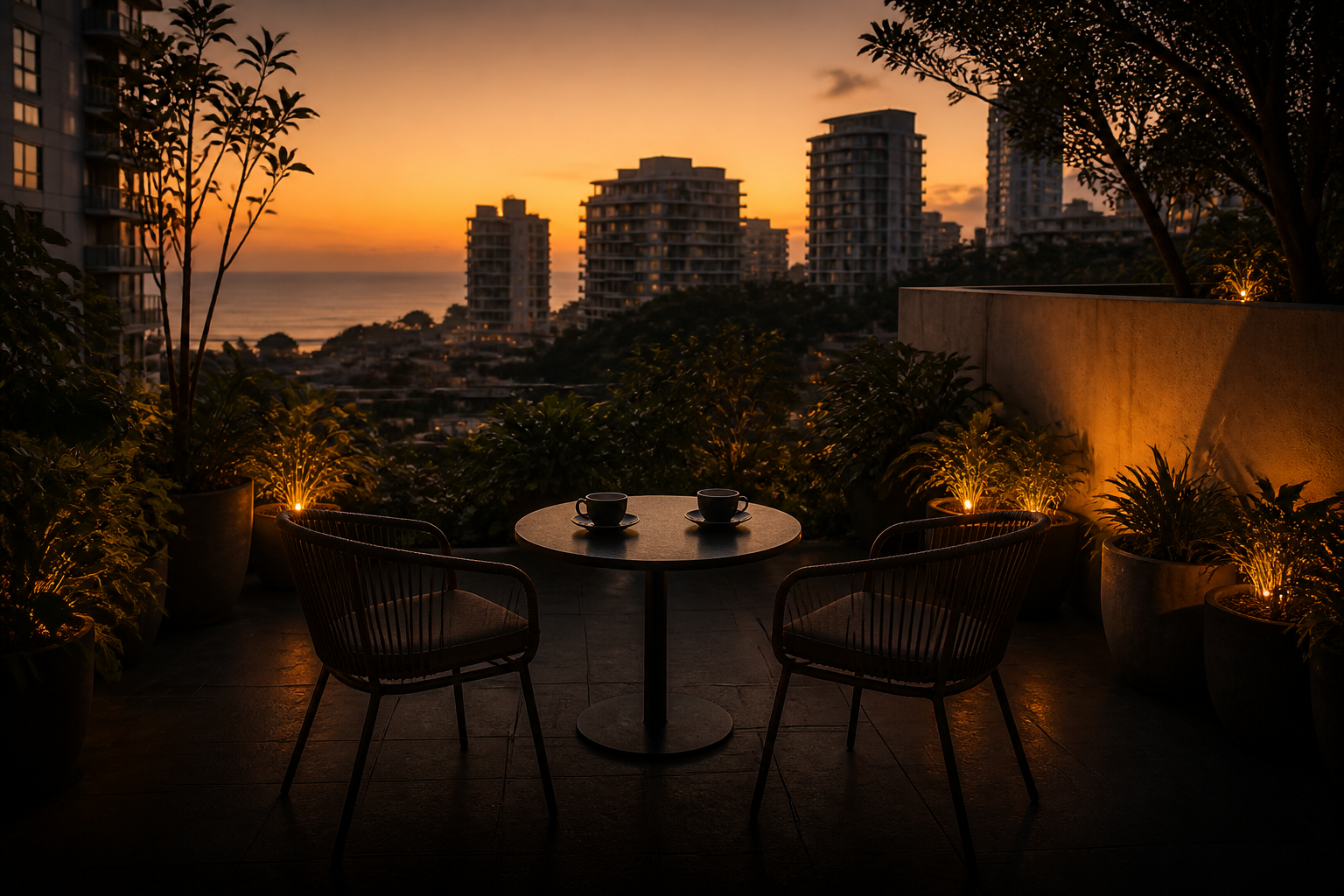 Terrace at dusk, looking out at buildings and the water